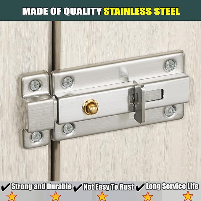 Alise Slide Bolt Gate Latch,Spring-Automatic Barrel Bolts Latches Safety Door Lock,Gate Hardware for Inside Door Fence Toilet Barn Pet Doors,Stainless Steel Bolt Latches,Brushed Finish,MS3000-LS