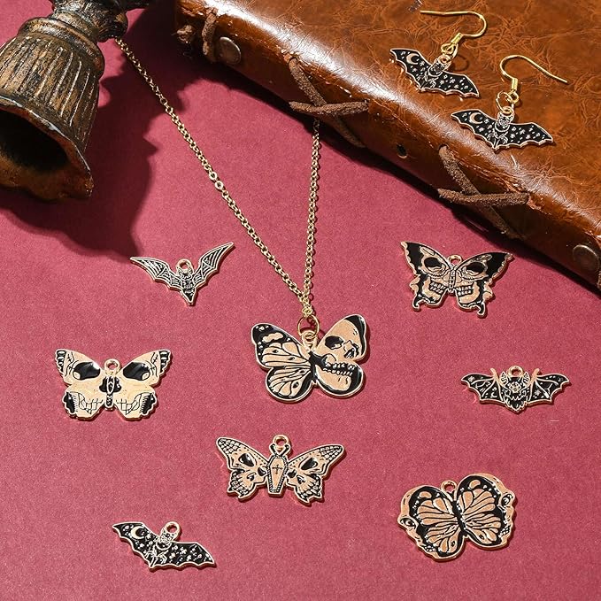 Stiesy 40 Pcs 8 Styles Gothic Style Black Enamel Butterfly Charms Animal Bat with Skull Pendant Metal Charm for Jewelry Making Crafts DIY Bracelets Necklace Earring