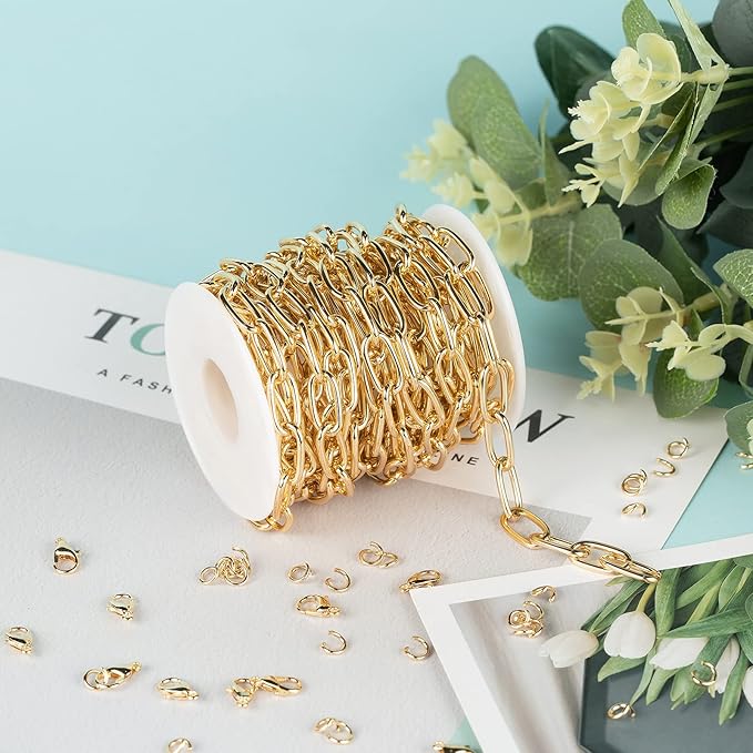 16.4 Feet Aluminum Oval Light Gold Chains for Jewelry Making Unwelded Paperclip Link Cable Chain Roll Necklace Chains Bulk with Lobster Clasps and Jump Rings