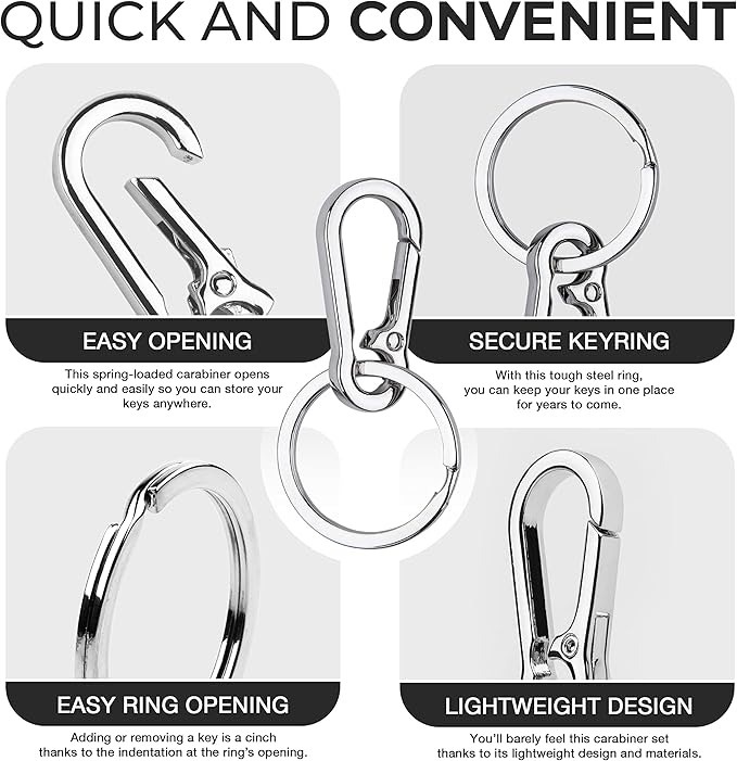 CREST 4 pcs Stainless Steel Multipurpose Keychain Clip - Secure Zinc Keyring with Carabiner for Easy Access to Your House and Car Keys