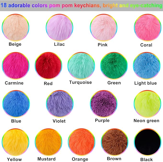 BQTQ 18 Pieces Pom Pom Keychain Rabbit Faux Fur Ball Keychain Fluffy Pom Pom Keychain Pom Pom Puff Ball with Keychain Hooks