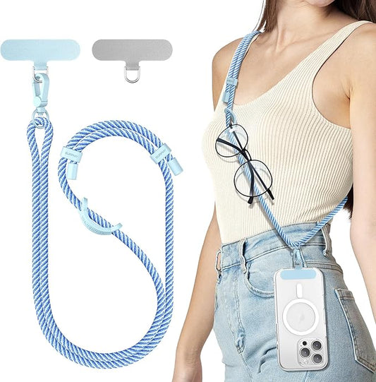 SURPHY Phone Lanyard, Adjustable Phone Strap Crossbody with 2 Pack Phone Tether Tab, Premium Metal Buckles and Two-Color Braided Cell Phone Lanyard Crossbody for Women and Men, Deep & Light Blue