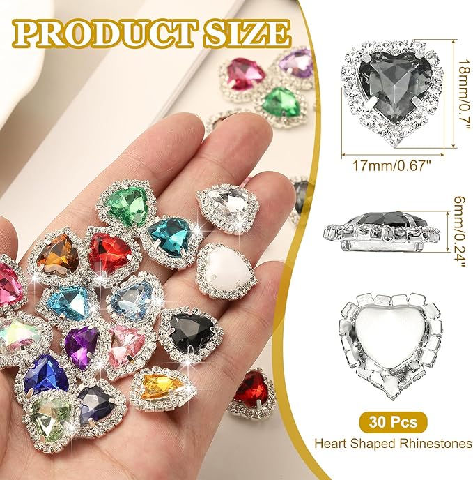 PATIKIL 30PCS Heart Rhinestones, Sew on Rhinestones Buttons Crystal Heart Nail Charm Embellishment Flatback Diamond for Sewing DIY Clothing Wedding, Gray