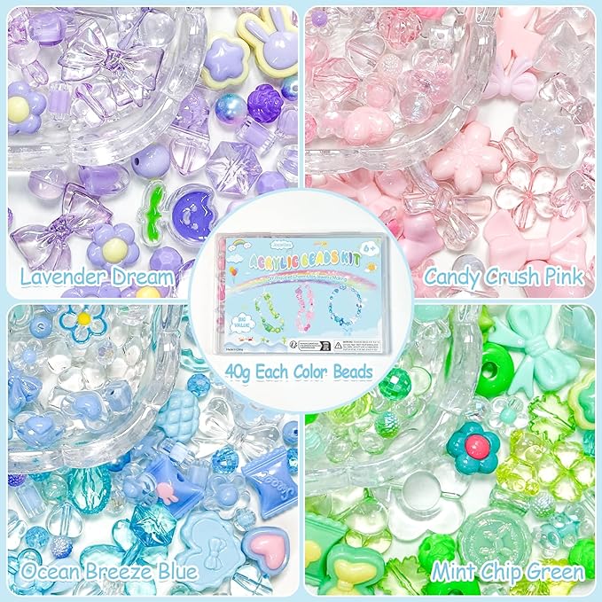 JoyJellies Bracelet Making Kit Assorted Acrylic Beads, 4 Colors Charms Keychain Making Kit with String Key Ring Clips Bow Heart Cute Beads for Bracelets DIY Arts and Crafts Jewelry Making Kits