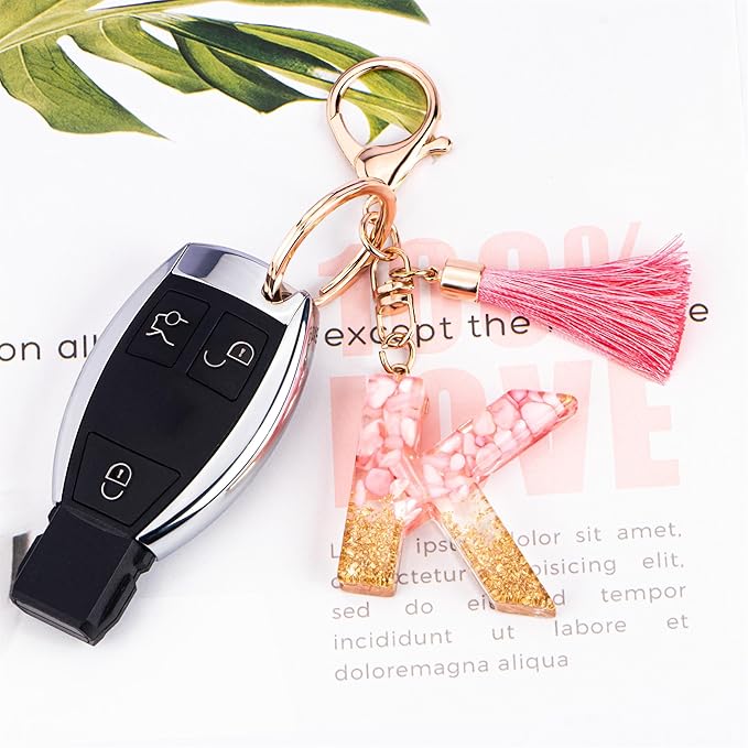 Suweibuke Cute Pink Key Chains for Women Girls, Initial Letter Keychains with Tassel, Charms for Key Purse Handbags Backpacks