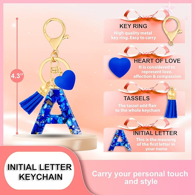 Initial Keychains for Women with Cute Heart Resin - Alphabet Letter Keychain for Bag, Backpacks, Purse or Car key
