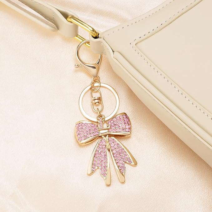 XGALBLA Sparkly Cute Initial Letter Rhinestone Bow Keychain for Women Gold Tone Bag Charms Coquette Aesthetic Purse Charms