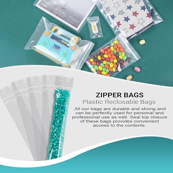APQ Clear Plastic Reclosable Zipper Bags, 3 x 14 Inches. Pack of 1000 Reclosable Plastic Bags with Zipper Closure. 2 Mil Plastic Jewelry Bags. Waterproof Reclosable Zip Bags for Industrial Use