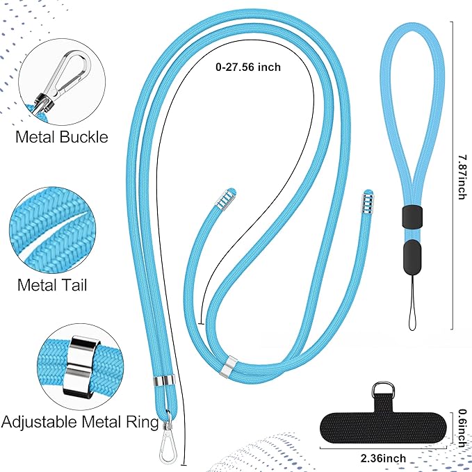takyu Phone Lanyard, 2 Pack Adjustable Cell Phone Lanyard Crossbody Neck Strap and 2 Pack Phone Wrist Strap with Tether Tabs Compatible for iPhone Smartphones-Black Blue
