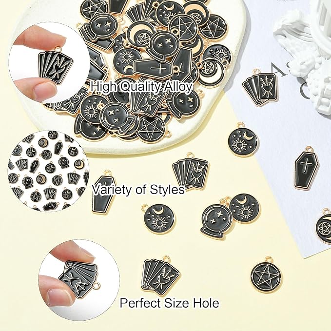 Stiesy 60 Pcs 6 Styles Enamel Black Gold Gothic Tarot Card Divination Card Magic Amulet Metal Charms Bulk for Jewelry Making DIY Necklace Bracelet Earrings Crafts