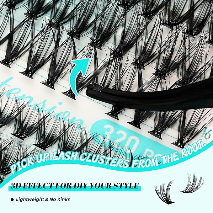Lash Clusters Kit 320pcs Cluster Eyelash Extension 30D 40D with Long Lasting Lash Bond and Seal Waterproof,Lash Glue Remover,Lash Applicator for Individual Fake Eyelashes(D-Mix9-16mm)