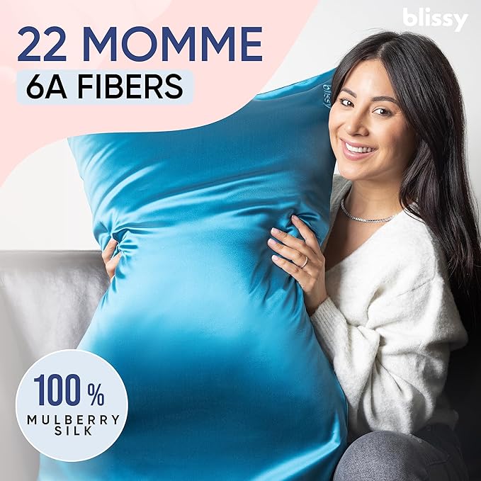 Blissy Silk Pillowcase - 100% Pure Mulberry Silk - 22 Momme 6A High-Grade Fibers - Silk Pillow Cover for Hair & Skin - Regular, Queen & King (Aqua, King)
