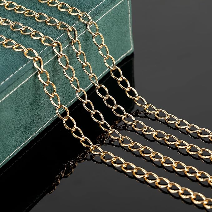 UMAOKANG 5 Meters Aluminum Chain for Jewelry Making Light Gold Plated Embossed Twisted Oval Link Chains Bulk with Jump Rings and Lobster Clasps