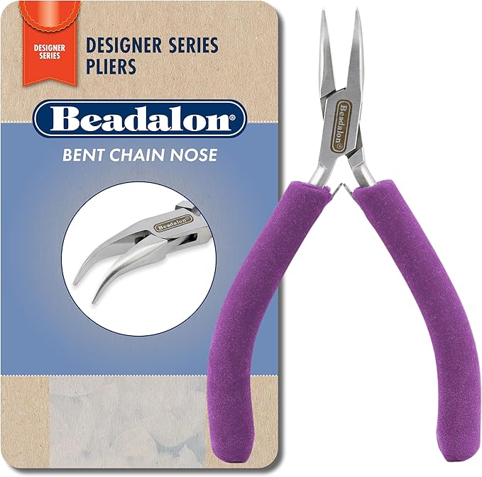 Beadalon Designer Series Bent Chain Nose Pliers, Purple Vinyl-Free Grips, Stainless Steel, Box Joint, Double Leaf Springs, 4.75 in