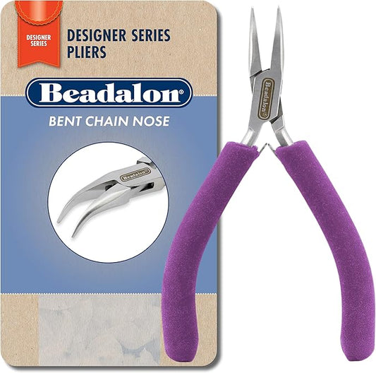 Beadalon Designer Series Bent Chain Nose Pliers, Purple Vinyl-Free Grips, Stainless Steel, Box Joint, Double Leaf Springs, 4.75 in