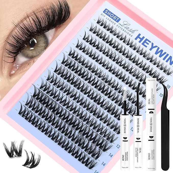Flora Lash Clusters Kit Short 8-14mm Wispy Eyelash Clusters WideSpan DIY Eyelash Extension Kit Lashes Individual Lashes Eyelashes Clusters with 0.05mm Ultra-Thin Black Band by HEYWINK(Flora Short Kit)