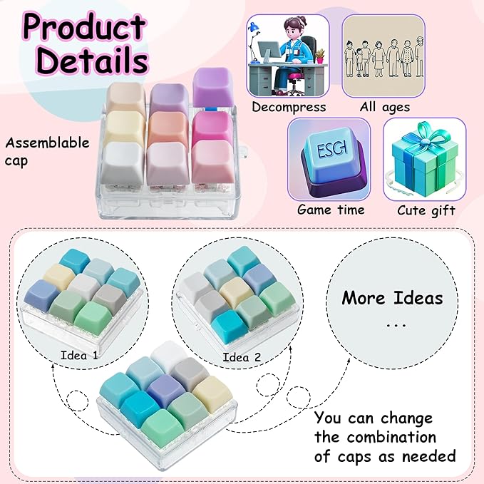 2 Pack 9 in 1 Keyboard Fidget Toy, Keyboard Fidget Keychain Anti-stressKeyboard Decompression Button Finger Clicker Toys Stress Relief Fidget Gifts (Mix Blue Pink)