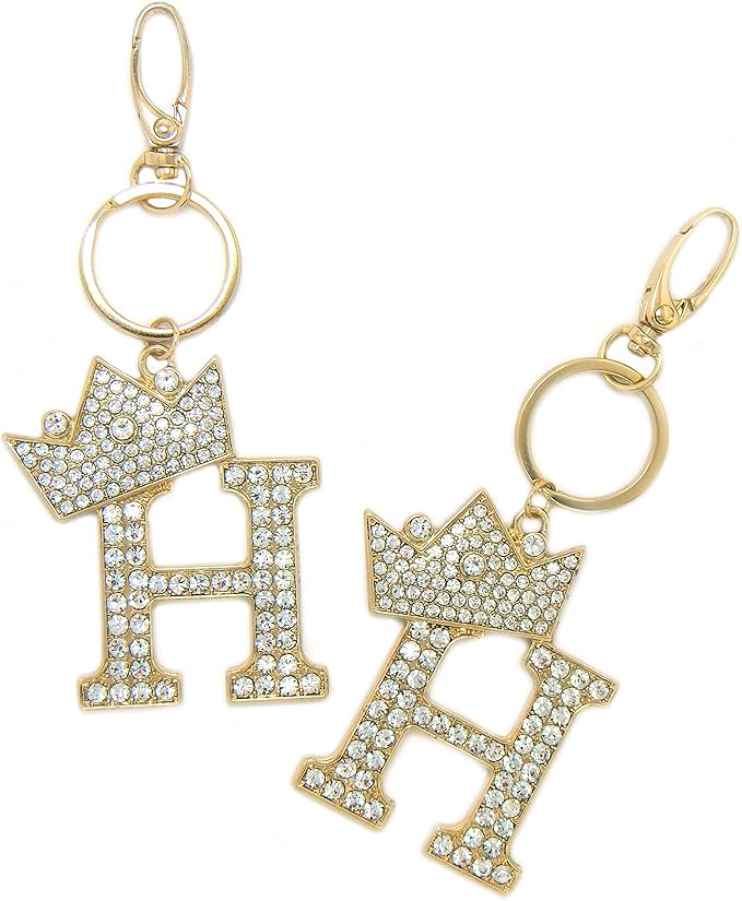 CBC Crown Crystal Rhinestone Letter Initial Keychain, Gold Metal, Bag Charm with Key Ring Approx. 2.17" x 2.56"