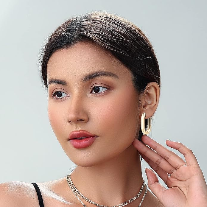 HILXURY Gold Chunky Hoop Earrings Set for Women, 14K Gold Plated Twisted Huggie Hoop Earring Hypoallergenic, Thick Open Hoops Set Lightweight