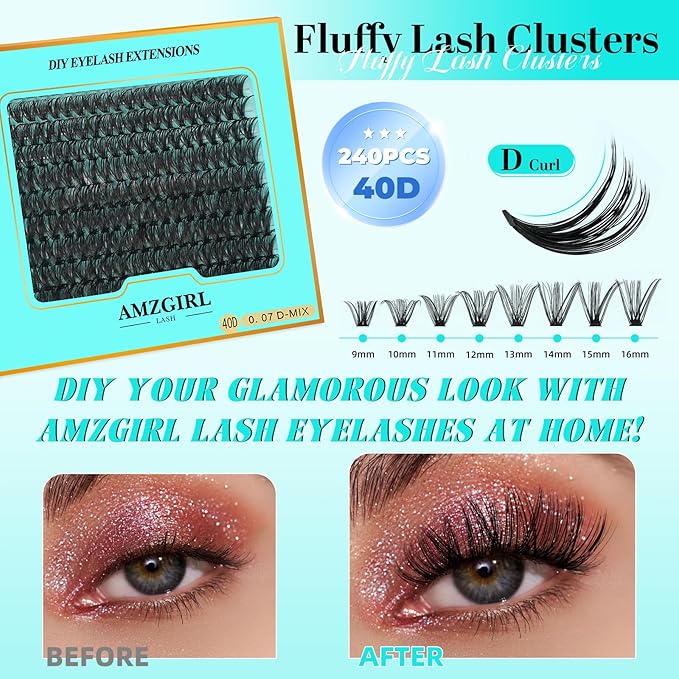 Lash Clusters 240pcs Eyelashes Cluster Individual Wispy Lashes Thin Band for D Curl Lash Extension Eyelashes for Beginners at Home,False Eyelashes Soft Eyelash Clusters(40D,D-Mix9-16mm)