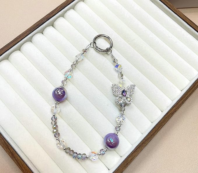 Crystal Butterfly Phone Charm, Pink Pearl Beaded Lanyard, Bling Shiny Wrist Strap Keychain for Purse Bags Car keys Earphones