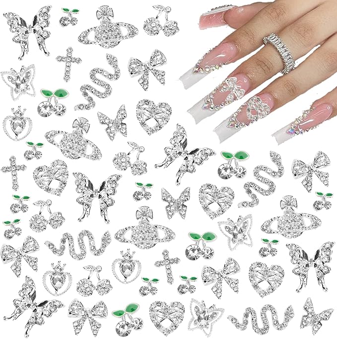 24PCS Nail Charms Y2k Alloy Nail Art Rhinestone Charms 3D Heart Bow Butterfly Charm with Rhinestones Cherry Nail Gems Shiny Jewelry Nail Decorations Accessories Supplies (SS)