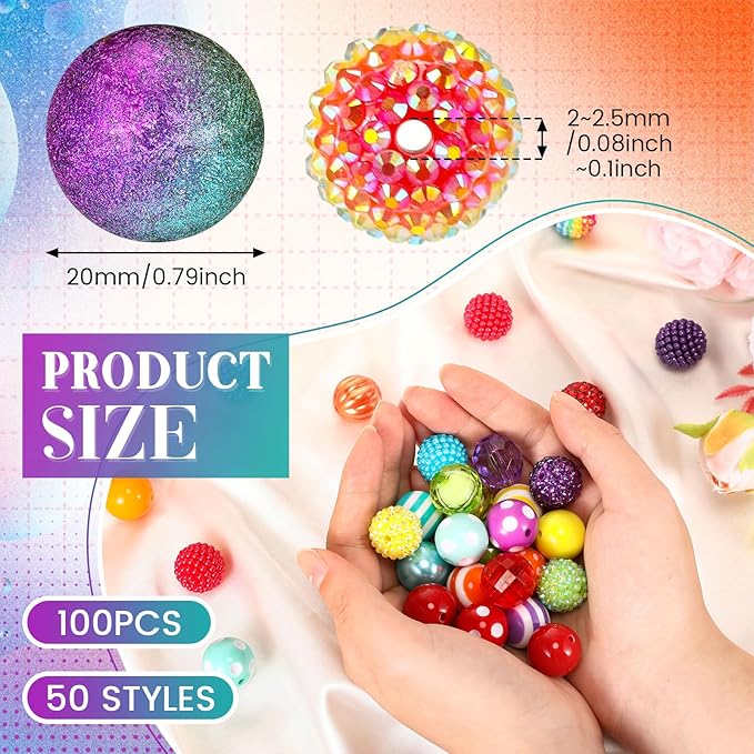 100 Pcs 20mm Rhinestone Bubblegum Beads for Pens Mixed Crystal Resin Chunky Beads for DIY Craft Keychain Necklace Bracelet Jewelry Making(Rainbow Color)