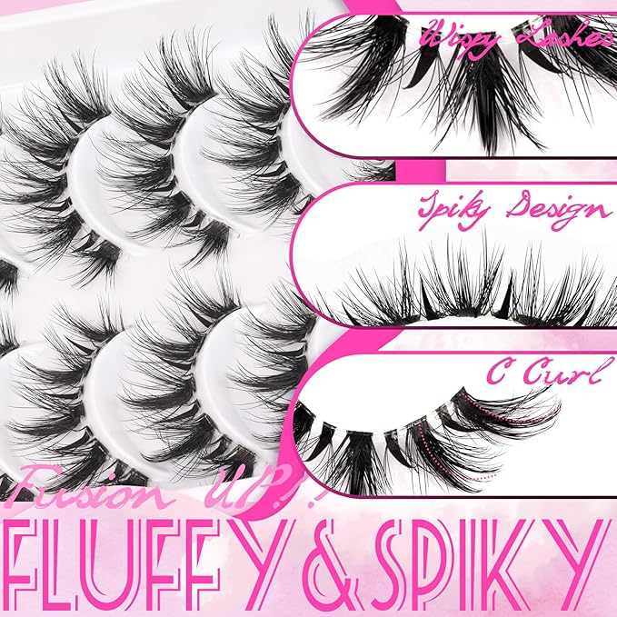 Veleasha Manga Lashes Cat Eye Lashes with Clear Band 7-16MM C Curl Spiky Anime False Eyelashes 6D Effect 10 Pairs Doll Eye Wispy Eyelashes (Spiky02)