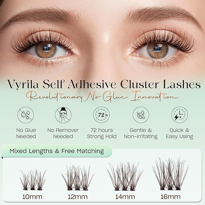 VYRILA Brown Self-Adhesive Lash Cluster Kit, Pre-Glued Clusters with Tweezers, Pop-On Faux Eyelashes, 3D Thin Band D Curl Natural Look Lahses, Easy to Apply, Reusable Eyelash Extensions (Soul-Brown)