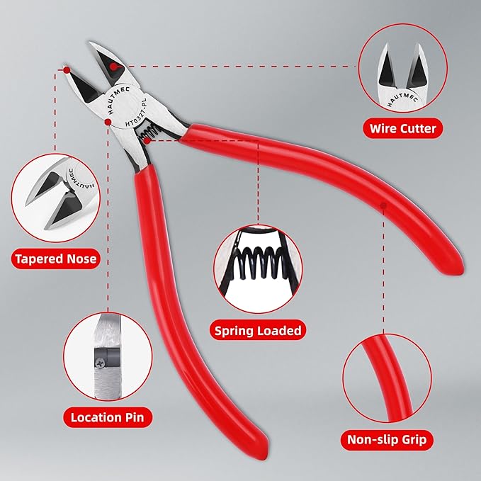 HAUTMEC 5" Precise Small Flush Cutters of Engineer Wire Cutters Pliers 10PCS Side Cutters with Location Pin for Fine Shearing, Perfect for Circuit Board Cutting, Electronic Components, HT0327-10PC