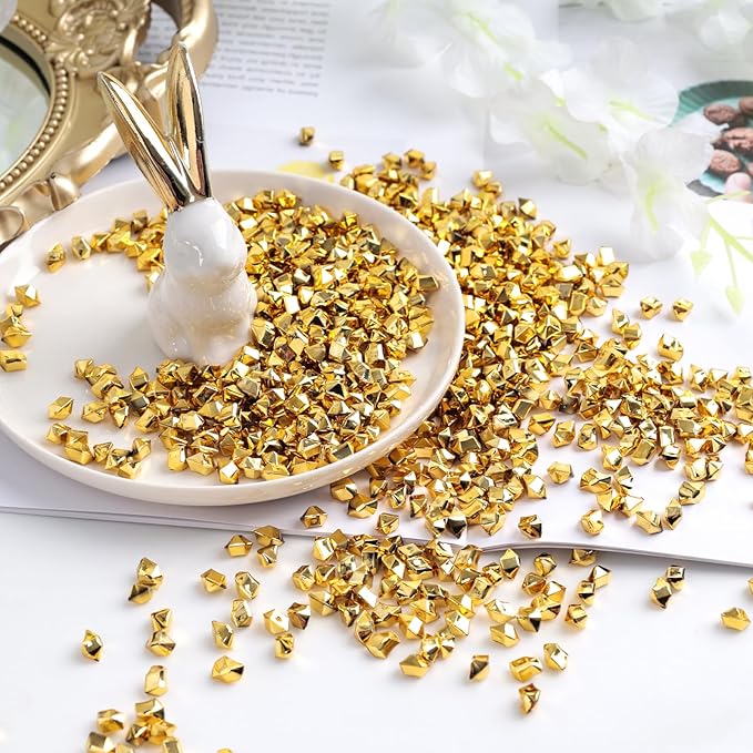 DOMESTAR 4200PCS Gold Fake Ice Rocks, 1LB Acrylic Crushed Ice Rocks Mini Fake Diamonds for DIY Craft Wedding Vase Fillers 0.2" x 0.28"
