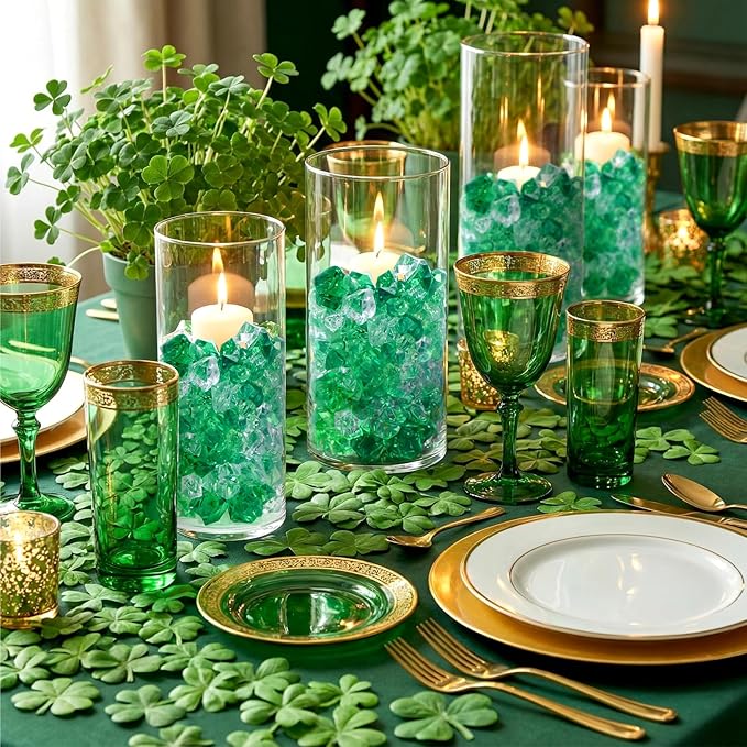 Syhood 570 Pcs 5 Sizes St Patricks Day Green and Clear Fake Crushed Ice Rocks Irish Acrylic Diamonds Plastic Gemstones Treasure Crystal Gems for Vase Fillers Table Scatter Centerpieces Decoration