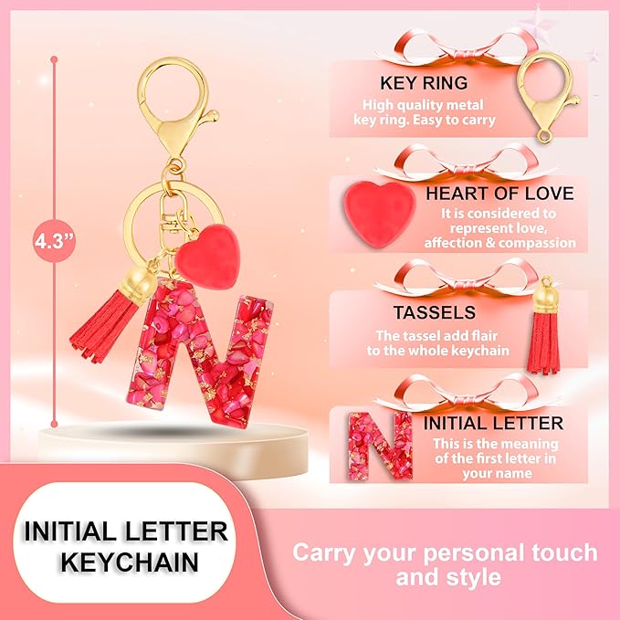Initial Keychains for Women with Cute Heart Resin - Alphabet Letter Keychain for Bag, Backpacks, Purse or Car key