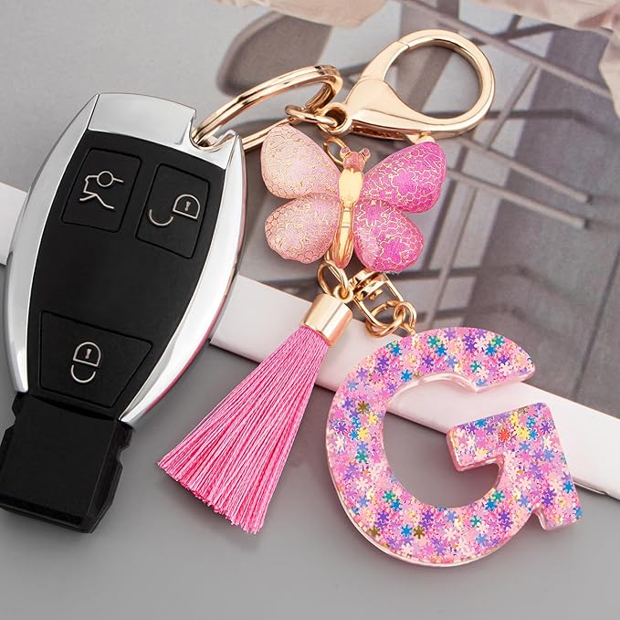 Suweibuke Cute Pink Key Chains for Women Girls, Initial Letter Keychains with Tassel, Charms for Key Purse Handbags Backpacks