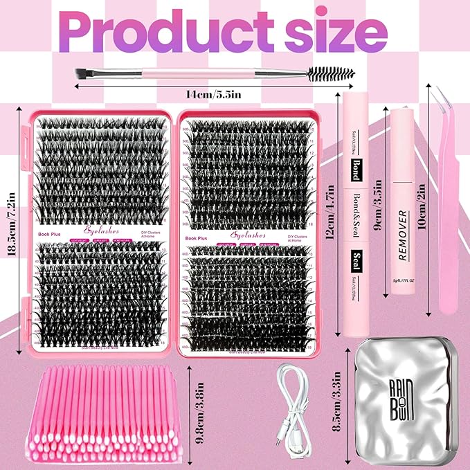 Qiveaory DIY Lash Extension Kit with 720pcs Lashes Clusters,1X/2X Magnification Compact Mirror with Light,Lash Bond and Seal,Eyelash Remover Tweezers Applicator Mascara Brush(10-18mm,30-60D Curl)