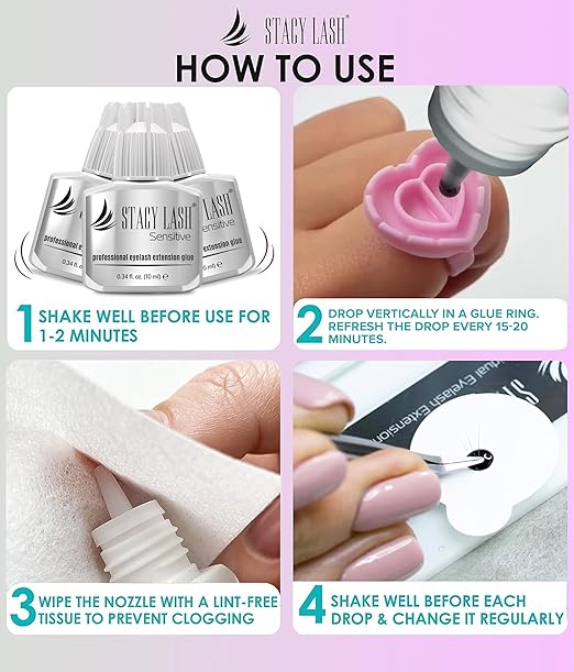 STACY LASH Sensitive Eyelash Extension Glue 0.34fl.oz/10ml / 5-6 Sec Drying time/Retention – 4-5 Weeks/Professional Black Adhesive/Lash Tech Supplies Includes Glue Ring