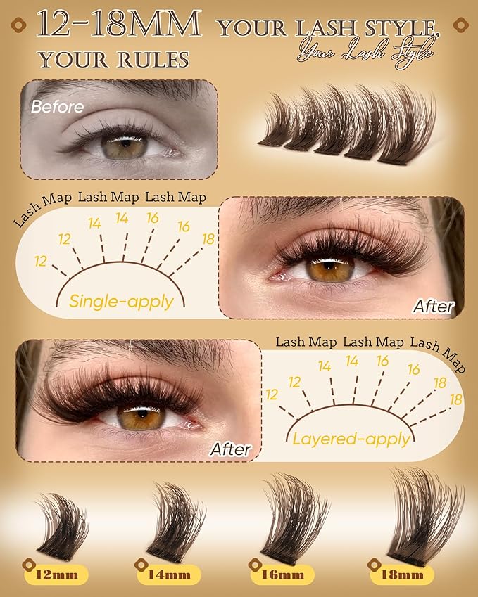 Pleell Brown Lash Clusters Fluff Manga Eyelash Clusters Natural Volume Cluster Eyelashes Extensions D-Curly 12-18MM Cluster Lashes Wispy False Lashes Clusters