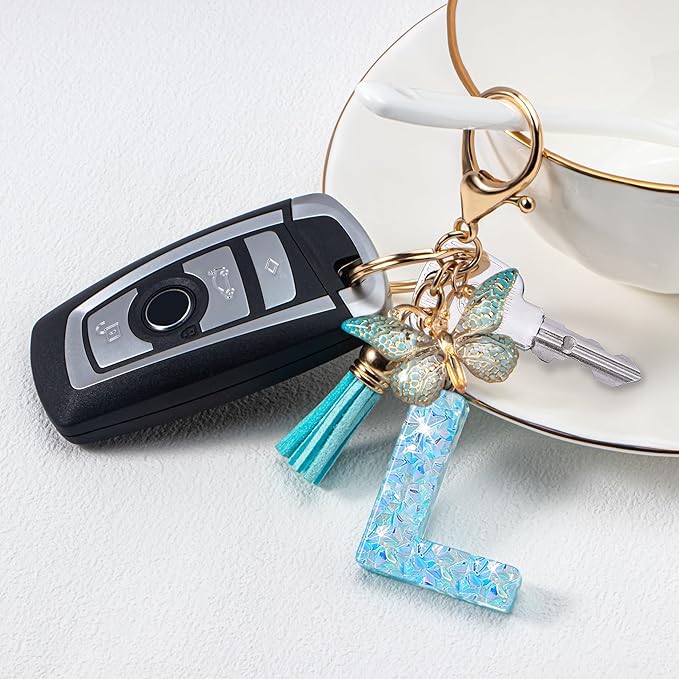 Initial letter Keychains for Women Girls Tassel Butterfly Cute Keychain for Wallet Backpack charm