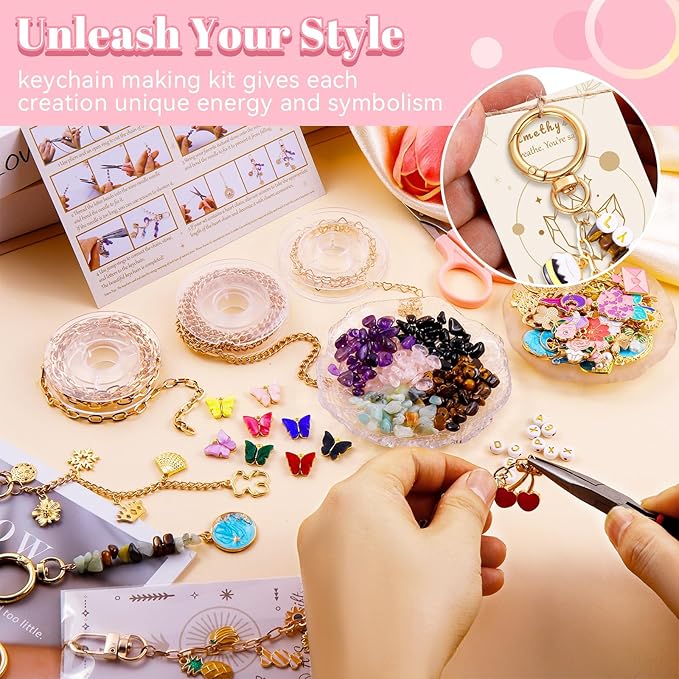 TOHONGADON 907 Pcs Keychain Making Kit, Bag Charm Kit with 5 Kinds of Crystal Stones, 343 Charms, 24 Keychain Clips, Key Ring Jewelry Plier, Extender Chain, Letter Beads for DIY Crafting