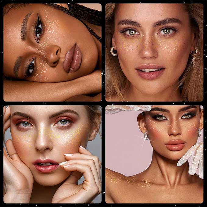 24 PCS Glitter Freckles Face Tattoos, Gold Silver Face Makeup Speckle Patches Freckles, Halloween Tattoos Cosplay Party Makeup Accessories for Women Girl Kids, Cosmetic Glitter for Face