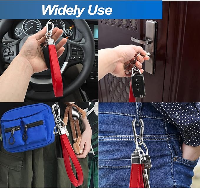 Car Fob Key Chain Genuine Leather Wristlet Strap Keychains Holder for Men and Women, 360 Degree Rotatable, with Anti-lost D-Ring, Carabiner Clip and 4pcs Key Rings, Red