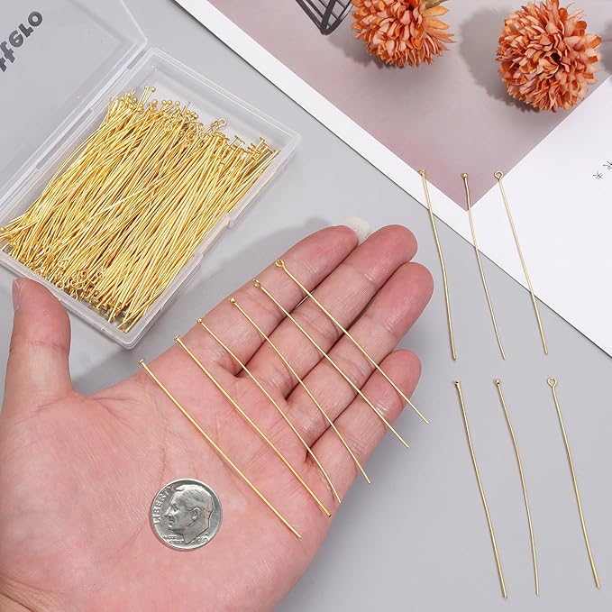 210 Pcs 70mm/2.76 Inch 21 Gauge Eye Pins Head Pins Ball Pins for Jewelry Making, Yumttero Straight Mixed Pin for Craft Earring Bracelet Necklace Pendant Jewelry Making (Mixed Pins,Gold Color)