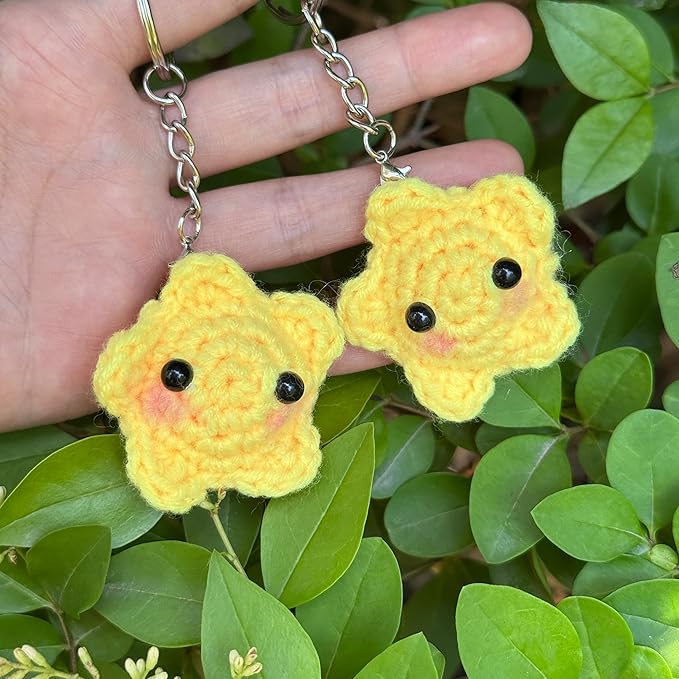 Crochet Star Keychain Handmade Kawaii Blush, Car Key Decor Purse Bag Charms, Pastel Gifts for Women