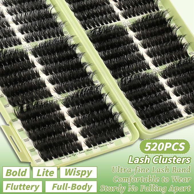 Gmagictobo Lash Clusters Kit Natural Cat Eye Lash Clusters Fluffy Volume 520Pcs DIY Individual Lashes Clusters Lash Extension Kit Thin Band Wispy Eyelash Clusters Lash Bond and Seal Lash Tweezers