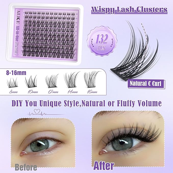 Wispy Lash Clusters Kit Natural Lash Extensions Kit DIY Cluster Eyelash Extensions C-Curly 8-16mm Individual Lashes Kit with Lash Remover Black Bond and Seal Soft Thin Band by ALICE
