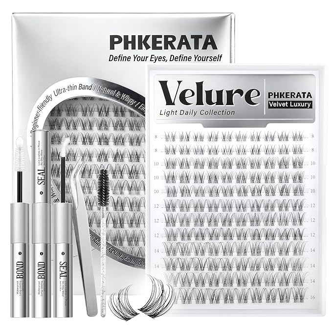 PHKERATA Velure Lash Clusters Kit Natural Eyelash Clusters Wispy Lash Extension Kit Invisible Clear Band Lashes DIY Cluster Eyelash Extensions with Bond and Seal Tweezers, 8-16mm, 120Pcs