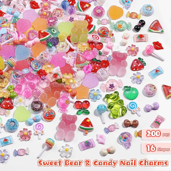 200PCS Kawaii Nail Charms Kit, 3D Lip Candy Gummy Bear Resin Charms for Acrylic Nails, Sweet Nail Art Supplies with Tweezers for DIY Crafts, Slime & Shoe Decor