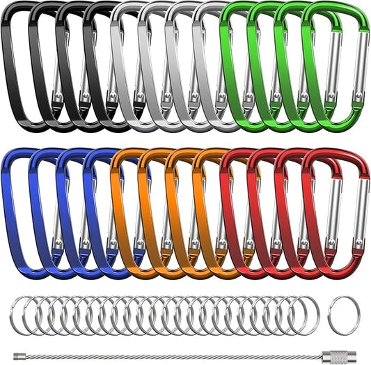 2.4" 24pcs Small Carabiner Clip Keychain, Aluminum D Ring Shape Clips with Keyring Keychain Hook