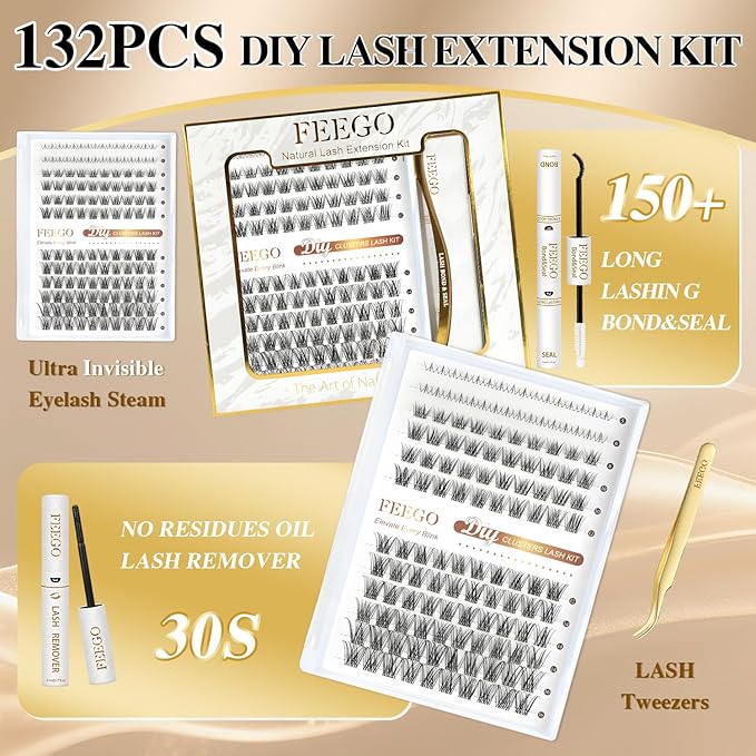 FEEGO Natural Mix Lash Kits 12 Row Upper Lash + Lower Lash Set 132pcs Lashes, Complete Eye Makeup Set 3D Curl Adapts to a wide range of eye shapes (Includes Lash Bond/Seal Glue/Remover/Tweezers)
