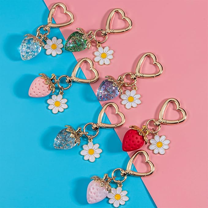 Wikavanli Cute Strawberry Keychain,Bag Charms,Kawaii Heart Flower Daisy Key chains Accessories Decor for Women Girls Purse